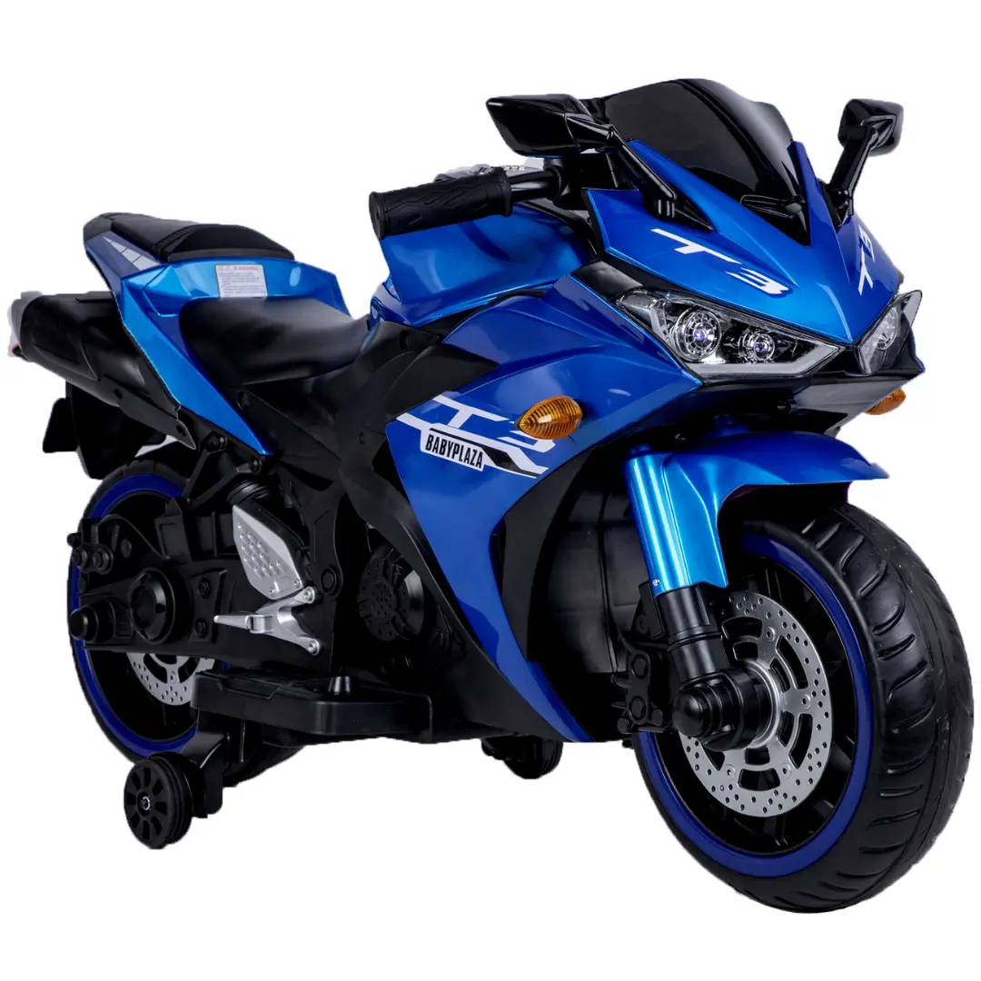 12V Blue Motorcycle For Kids 3 To 6 Years With Training Wheels