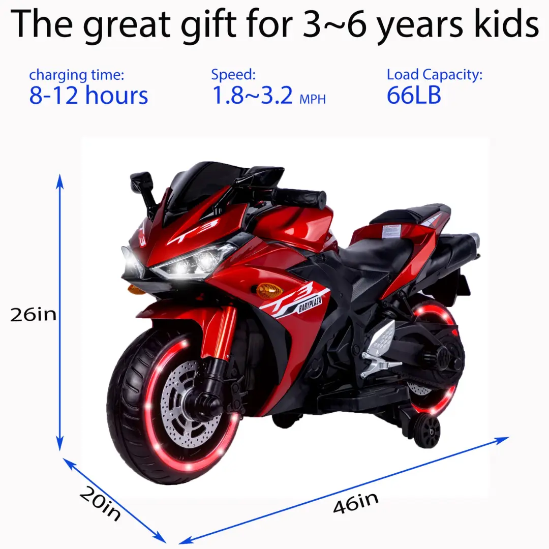 12V Red Motorcycle For Kids 3 To 6 Years With Training Wheels