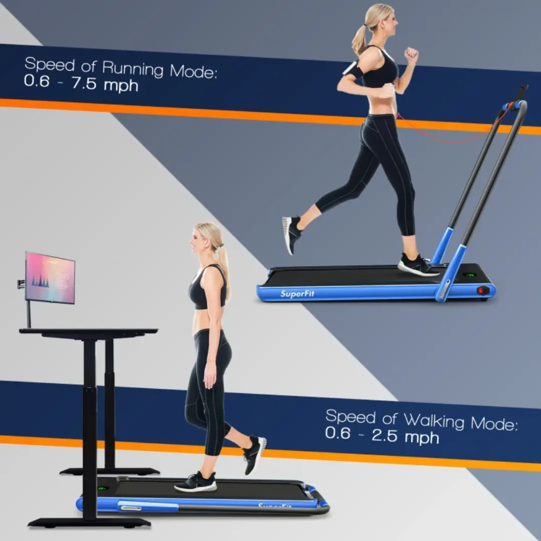 Blue 2-in-1 Folding Walking Pad Treadmill with Remote Control and LED Display