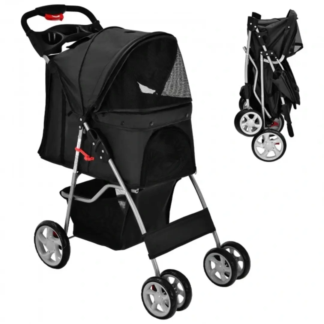 Foldable Four Wheel Pet Stroller Black with Storage Basket