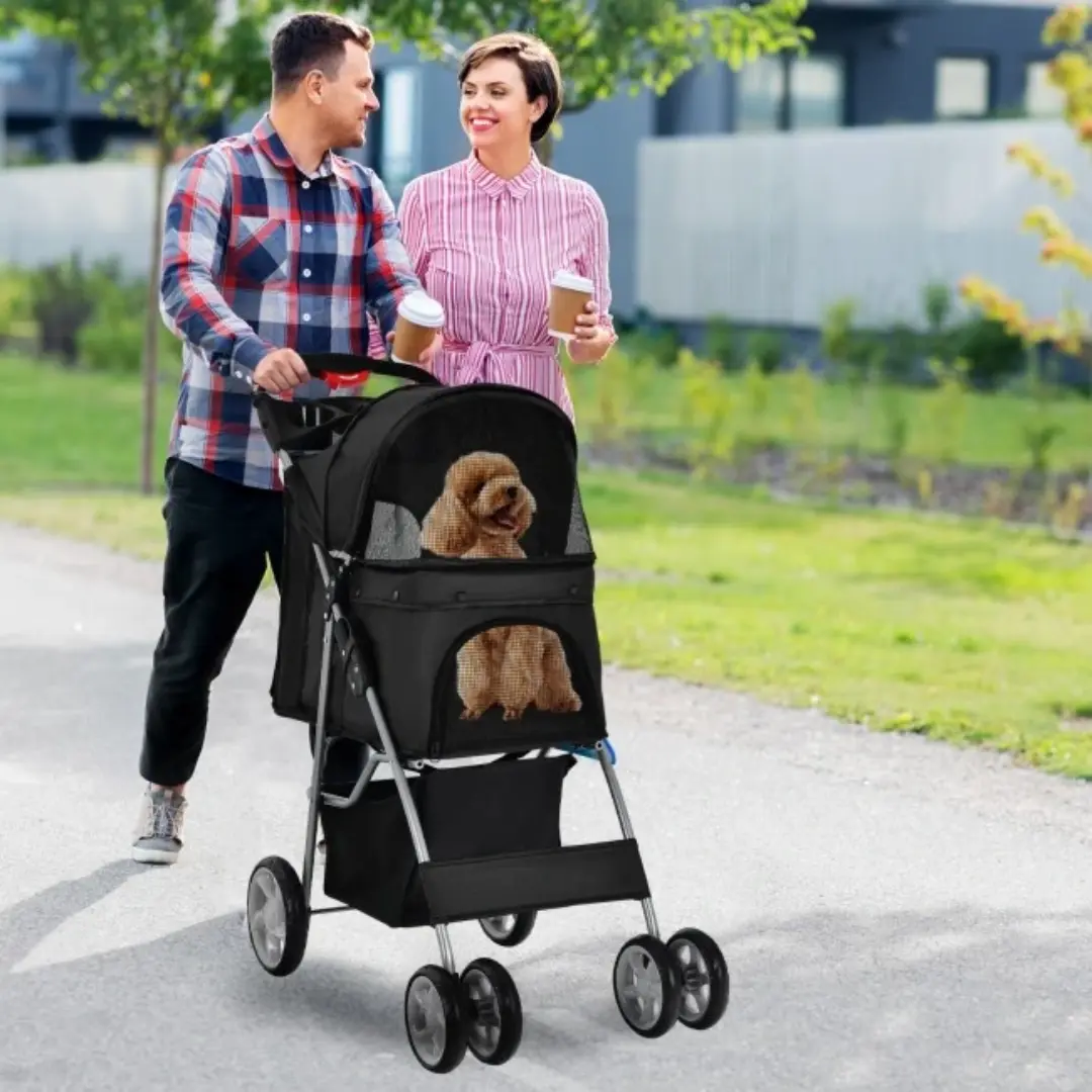 Foldable Four Wheel Pet Stroller Black with Storage Basket