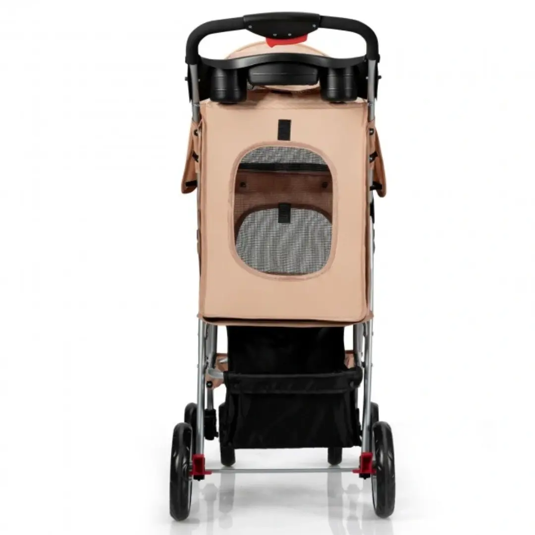 Foldable Four Wheel Pet Stroller Beige with Storage Basket