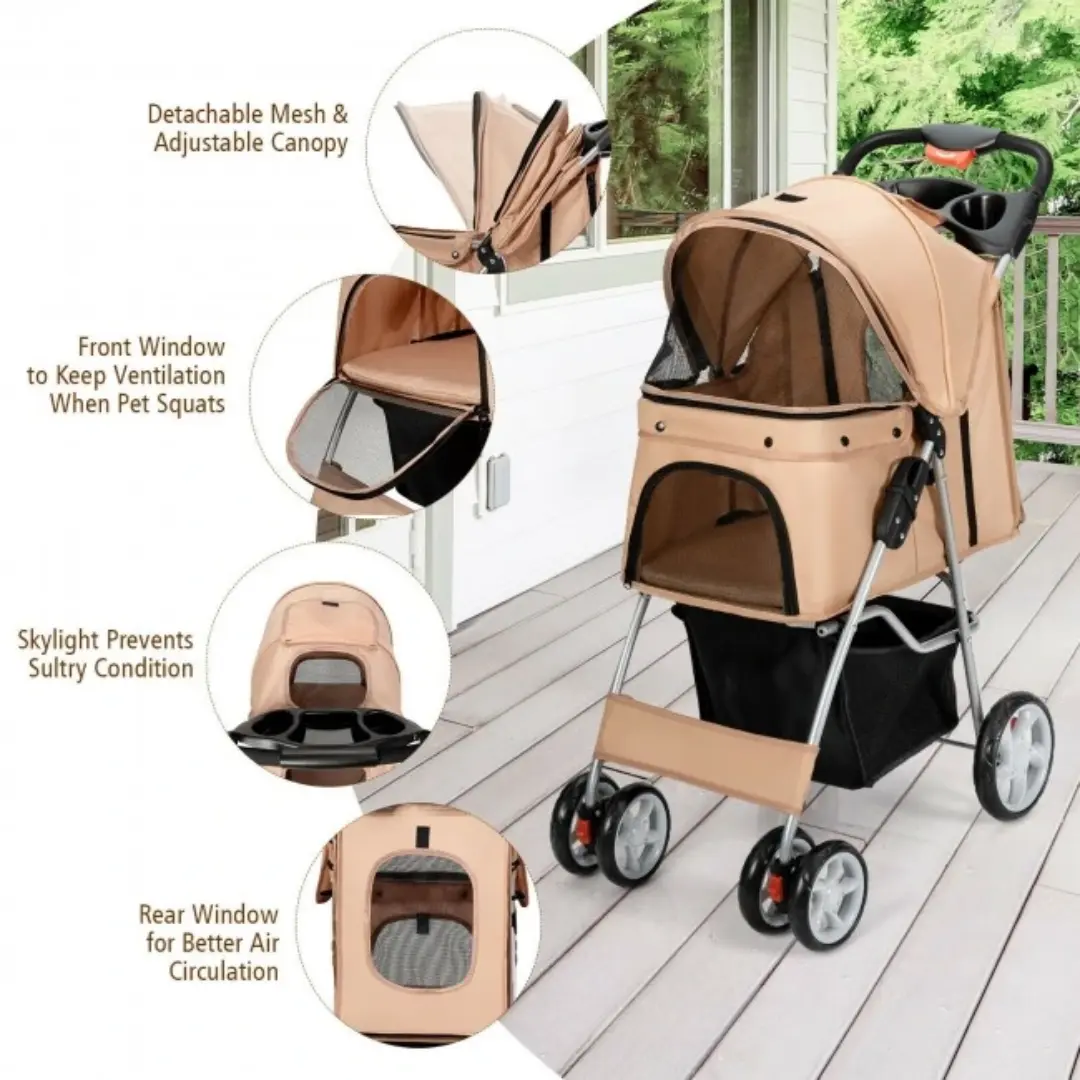 Foldable Four Wheel Pet Stroller Beige with Storage Basket