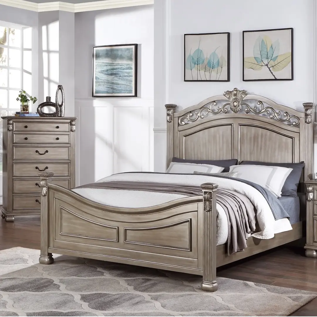 King Size Antique Silver 1pc California Bed Unique Design Formal Traditional Headboard Footboard Bedframe