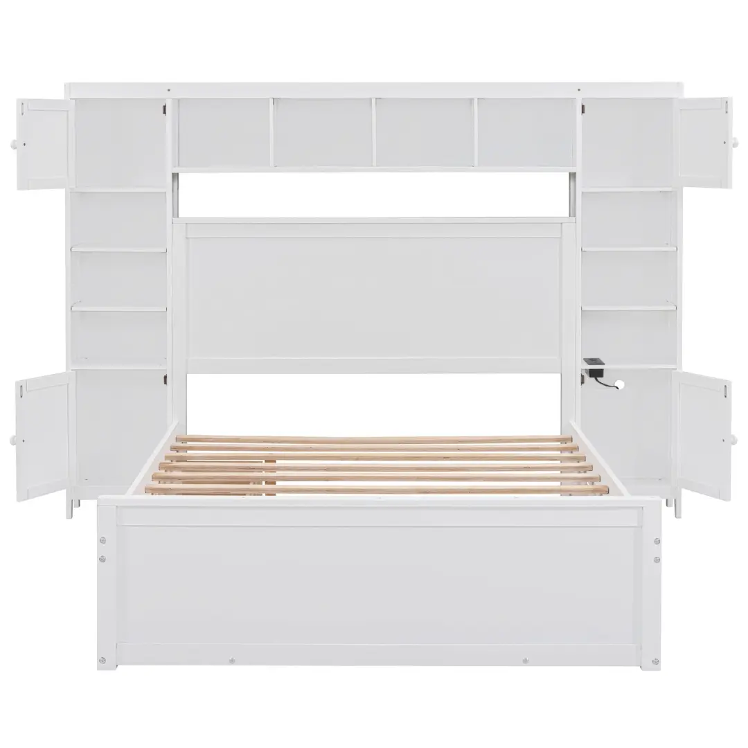 Full Size White Wooden Bed With All-In-One Cabinet Shelf and Socket