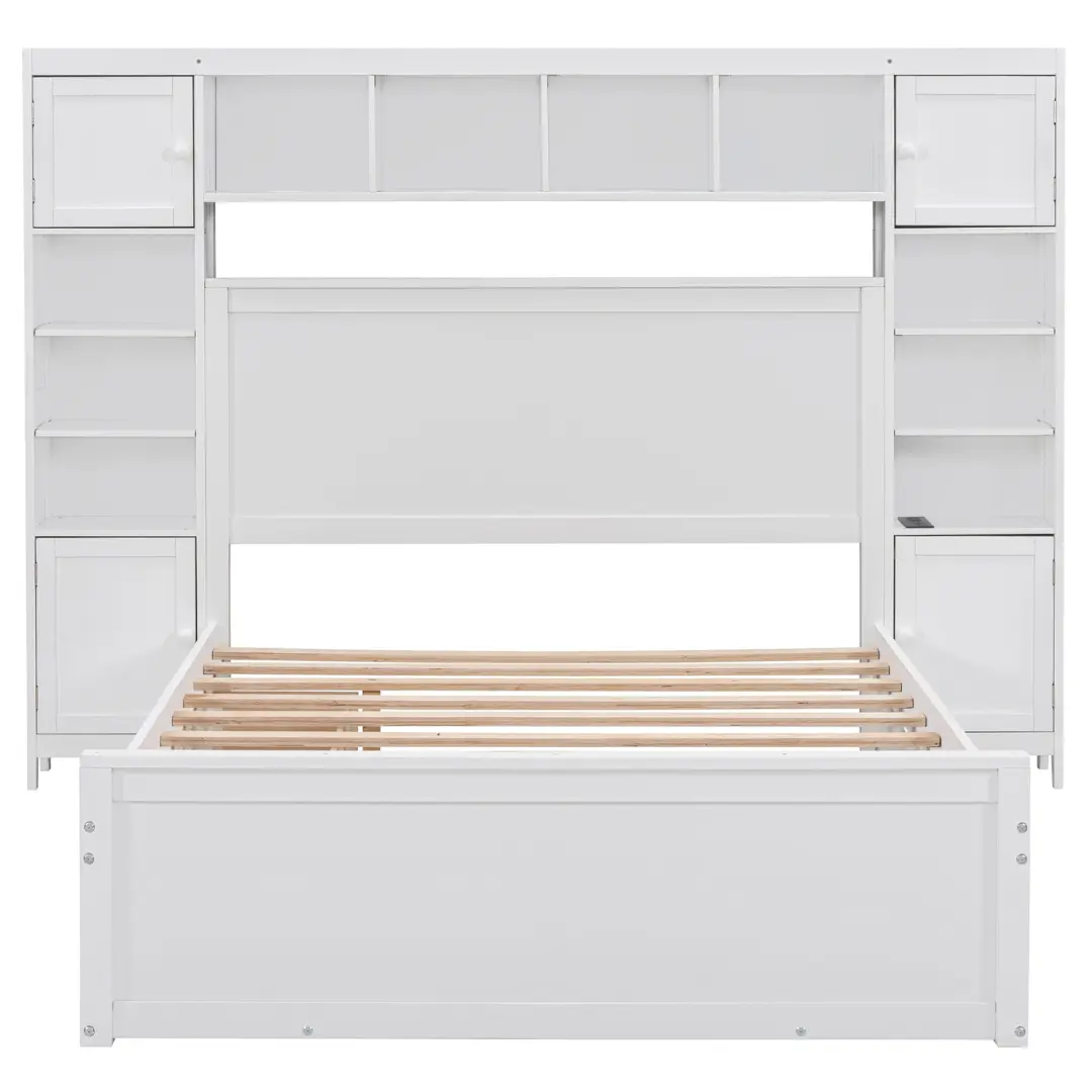 Full Size White Wooden Bed With All-In-One Cabinet Shelf and Socket