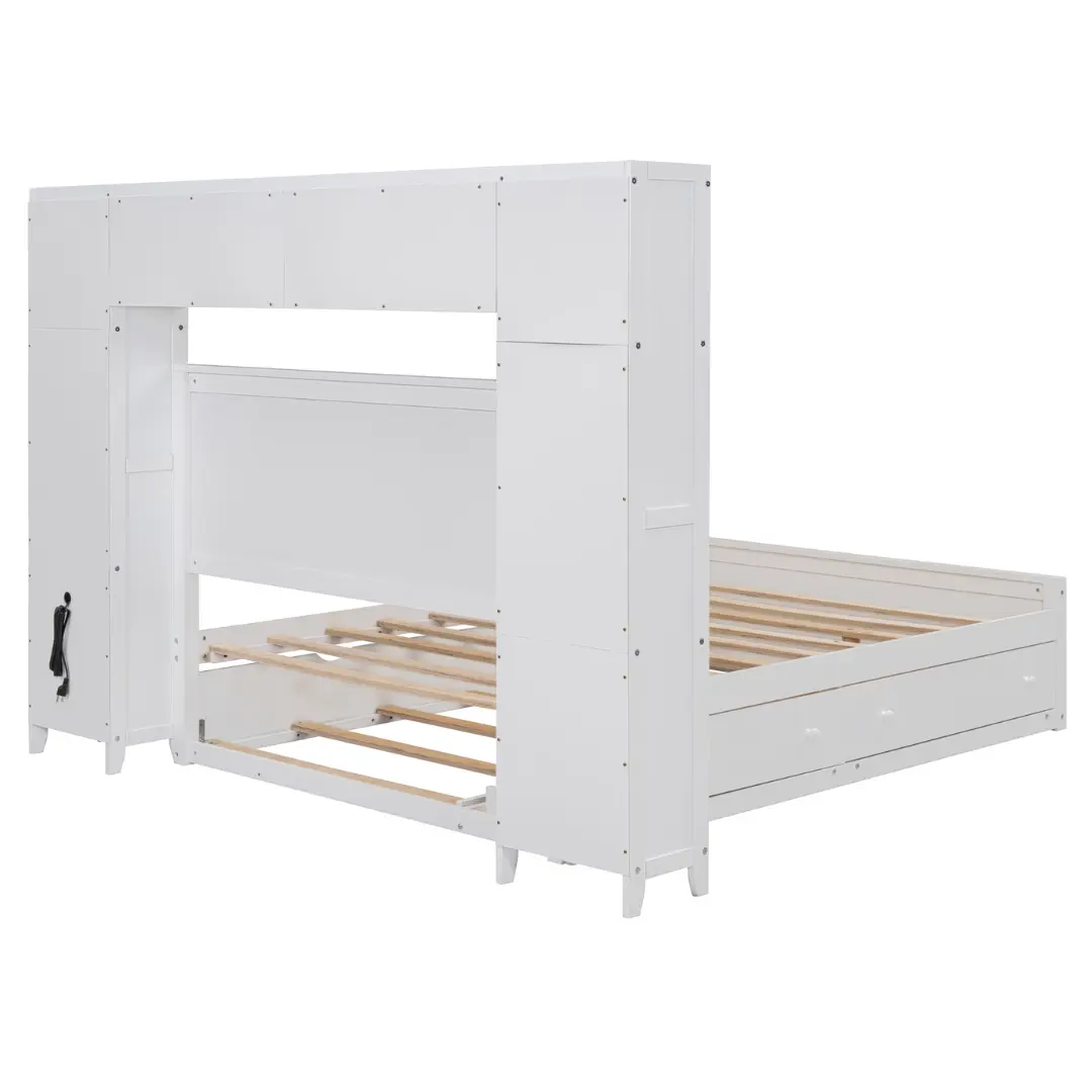 Full Size White Wooden Bed With All-In-One Cabinet Shelf and Socket