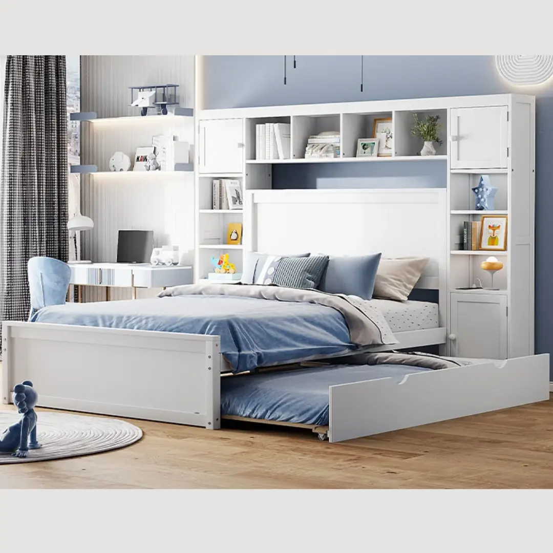 Full Size White Wooden Bed With All-In-One Cabinet Shelf and Socket