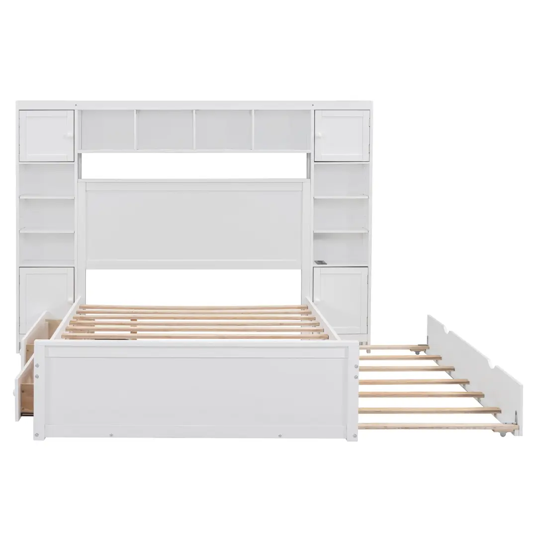 Full Size White Wooden Bed With All-In-One Cabinet Shelf and Socket