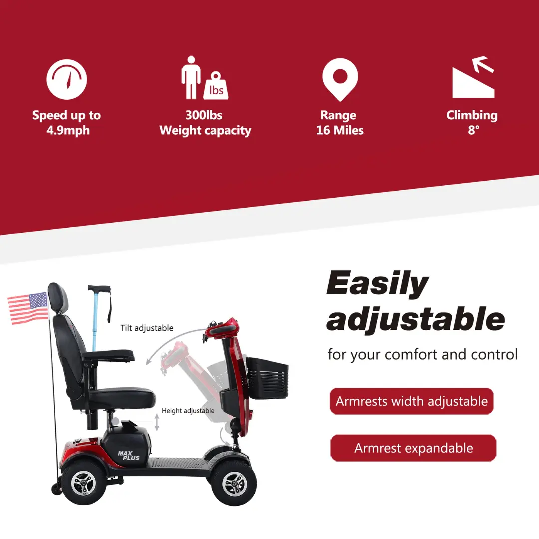 MAX PLUS RED Four Wheel Outdoor Compact Mobility Scooter