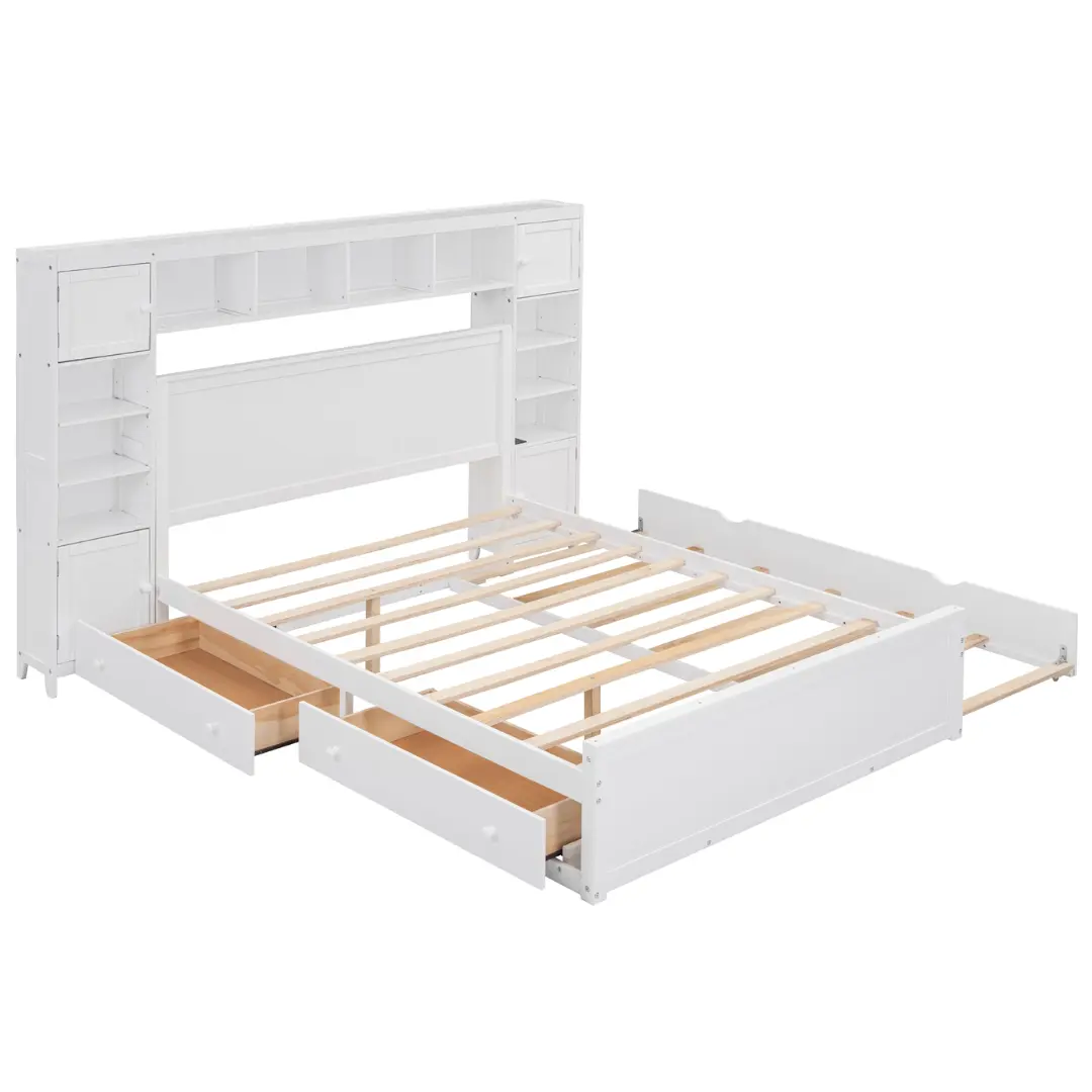 Queen Size White Wooden Bed With All-In-One Cabinet Shelf and Socket