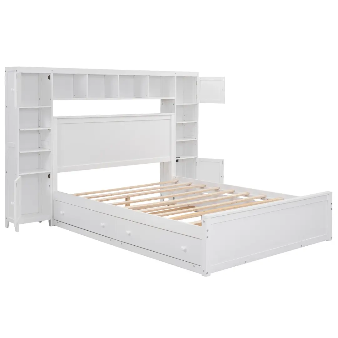 Queen Size White Wooden Bed With All-In-One Cabinet Shelf and Socket