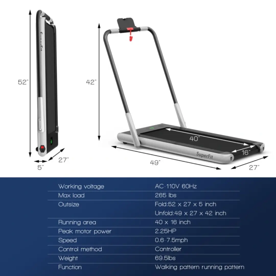 Silver 2-in-1 Folding Walking Pad Treadmill with Remote Control and LED Display