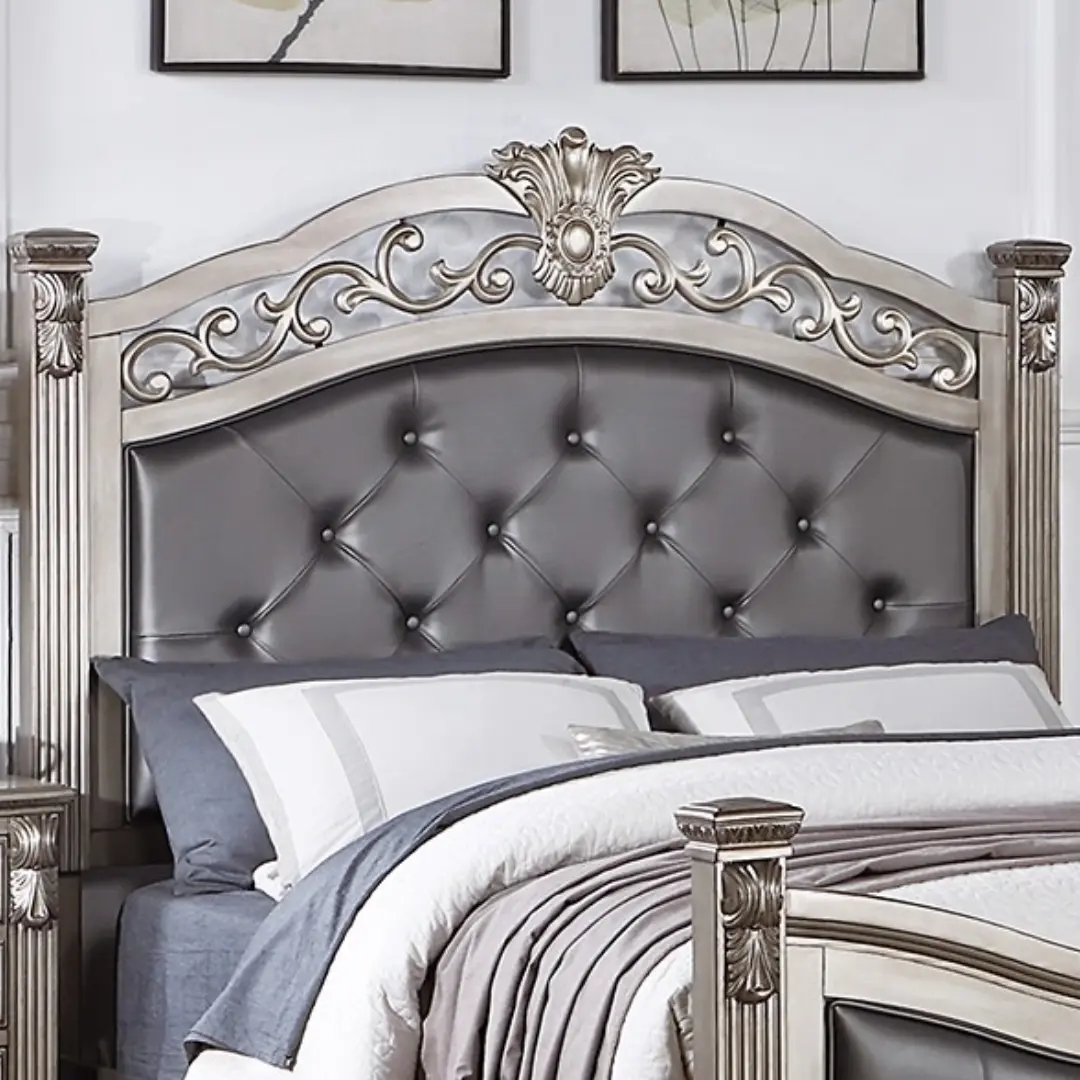 Queen Size Formal Traditional Antique Silver 1pc Bed Tufted Faux Headboard Footboard Bedframe